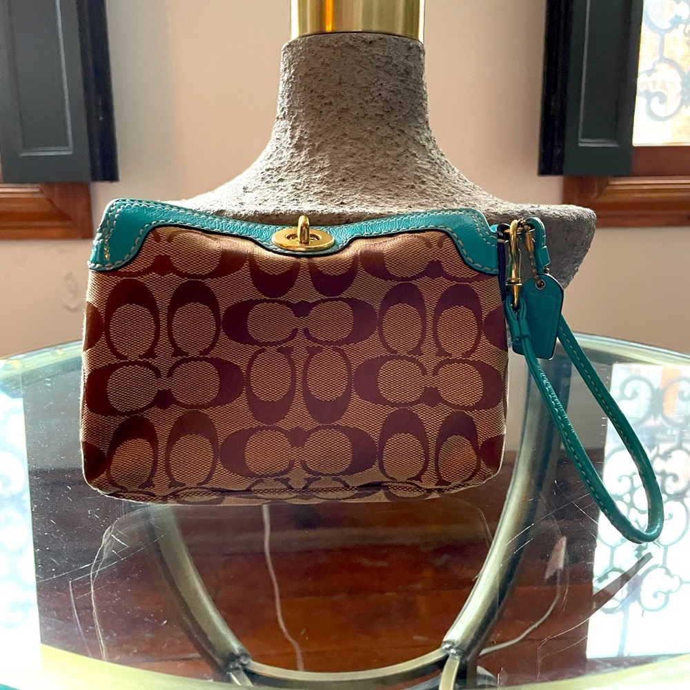 Coach Clutch or Wristlet with Turquoise Leather Trim